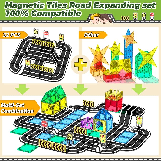 Magnetic Tiles Road Expansion Set, STEM Magnetic Building Blocks for Kids Ages 3-5 4-8 5-7, Preschool Learning Sensory Kids Toys for Toddler Birthday