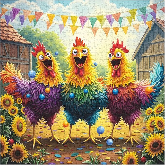 Funny Chicken Puzzles for Adults 1000 Pieces, Colorful Rooster Farm Jigsaw Puzzles, Happy Sunflower Barnyard Party Puzzle
