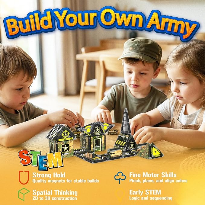 42PCS Mini Magnetic Tiles Army Base Travel Set with Iron Box STEM Educational Military Building Blocks Magnetic Construction Toy for Kids Ages 3 to 8 Creative Gift for Boys and Girls