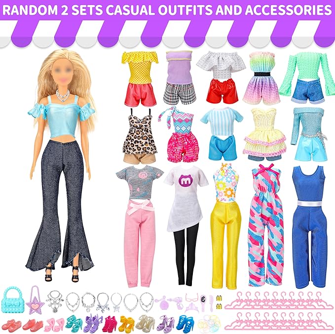 Style Shine 70 Pcs Doll Clothes and Accessories,2 Wedding Gown 6 Fashion Dresses 2 Set Casual Outfits 1 Top 1 Pant Bikini 1 Swimsuit,20 Hanger 10 Shoe 27 Accessories Toys for Girls Kids Birthday Gift