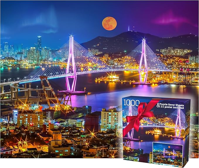 1000 Piece Puzzle for Adults - Vibrant Night Cityscape with Moonlit Bridge, Gift-Ready Box, Letters on Back, 8 Jigsaw Puzzle Saver Sheets & Full-Size Poster by GERJATO - Ideal Gift for Loved Ones