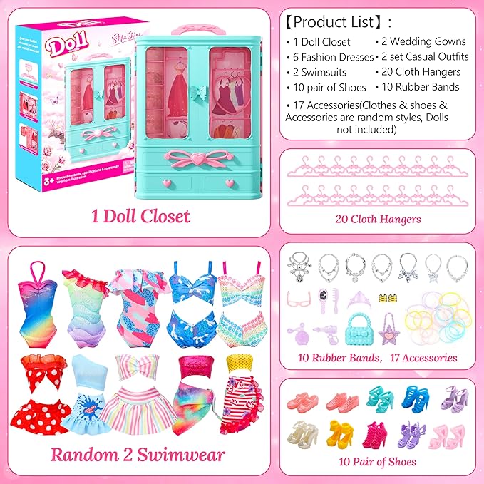 Style Shine 70 Pcs Doll Closet with Clothes & Accessories Playset,2 Wedding Gowns 6 Fashion Dresses 2 Tops 2 Pants 2 Swimsuits 10 Shoes 20 Hangers 27 Accessories Toys for Girls Kids Birthday Gifts
