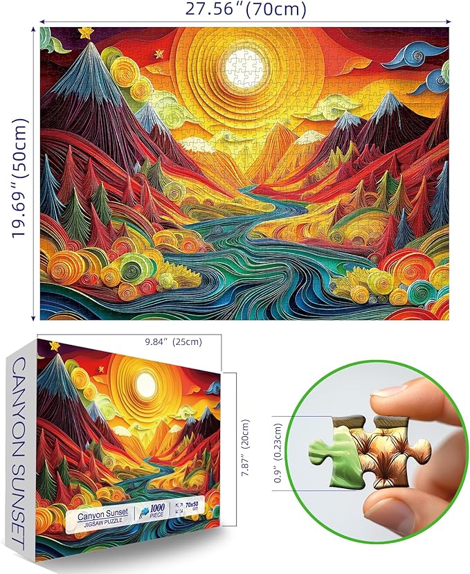 MINIWAN 3D Quilling Paper Art Vibrant Sunset Mountain River Puzzles for Adults 1000 Pieces, Colorful Paper Quilling Landscape Jigsaw Puzzle, Gift for Abstract Art & Nature Lovers 27.55 x 19.7 Inch