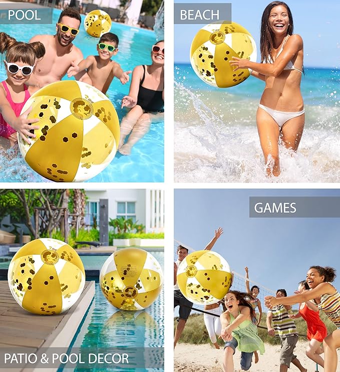 POZA Inflatable Beach Balls - Elegant Glitter Confetti Premium Floaters, Heavy Duty Vinyl Floatation Pool Toys for Pool Beach Party, UV Resistant Pool Décor