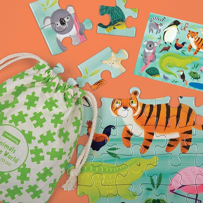 Mudpuppy Animals of The World to Go Puzzle, 36 Pieces – Great for Kids Ages 3+ - Perfect for Travel, Easy Clean-Up, Packaged in Secure, Reusable Fabric Bag