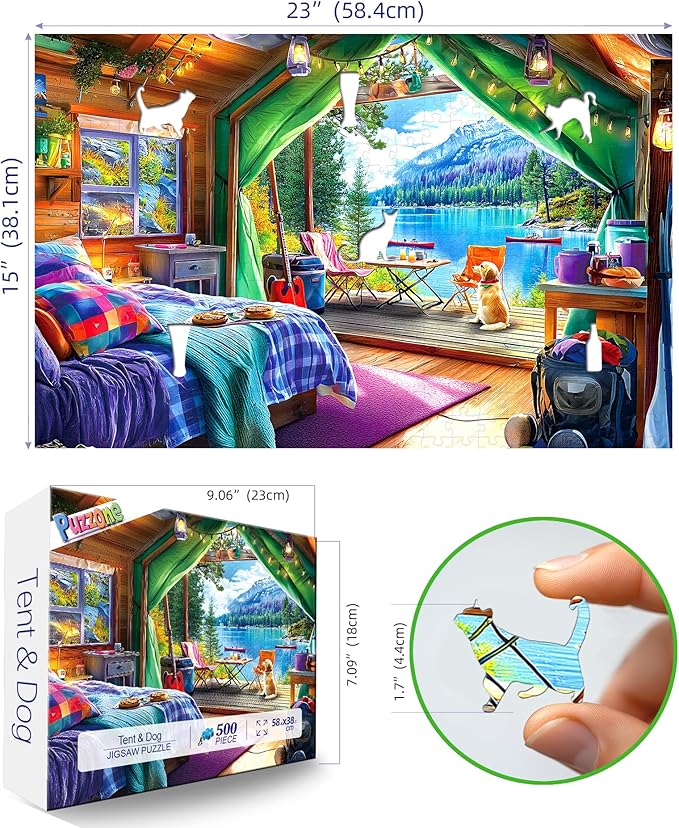 500 Piece Jigsaw Puzzles for Adults Lake View Cabin Camping with Dog Difficult Challenging Puzzles for Adults 500 Pieces for Family Fun Party Game Gifts Decoration (23 x 15 Inch)