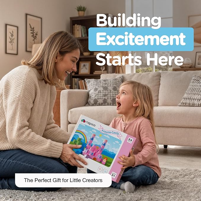 Magnetic Building Blocks for Kids with Magnetic Storage Board — Princess Castle Magnet Cubes Toy Building Set — Gift-Ready 84-Piece Pixy Stacking STEM Building Toys for Boys & Girls Ages 3 to 12