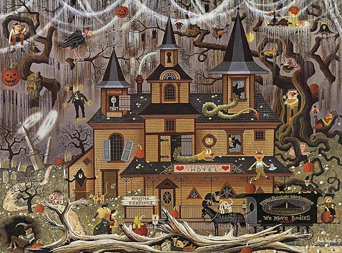 Buffalo Games - Charles Wysocki - Trick or Treat Hotel - 1000 Piece Halloween Puzzle - Colorful and High-Quality Fall Puzzles for Adults – Spooky Autumn Artwork, and Hours of Relaxing Seasonal Fun