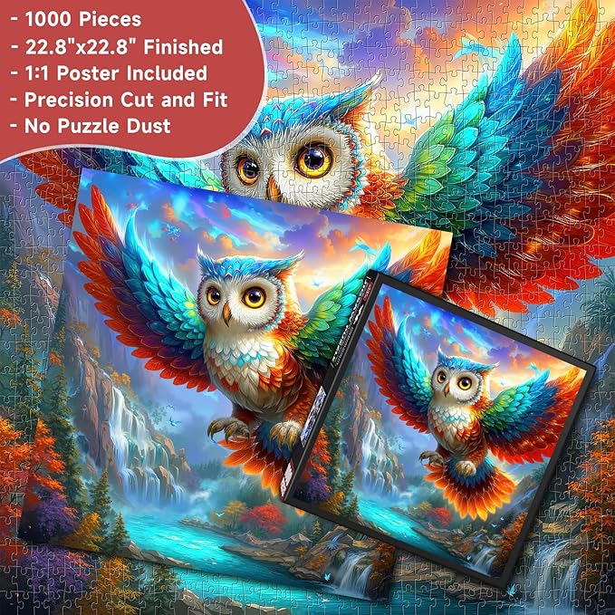 Rainbow Owl Waterfall 1000 Piece Puzzle for Adults - Fantasy Wildlife Art, Enchanted Forest Scene, Poster & Lettered Back, 22.8" Square HD, Gift for Nature & Fantasy Lovers