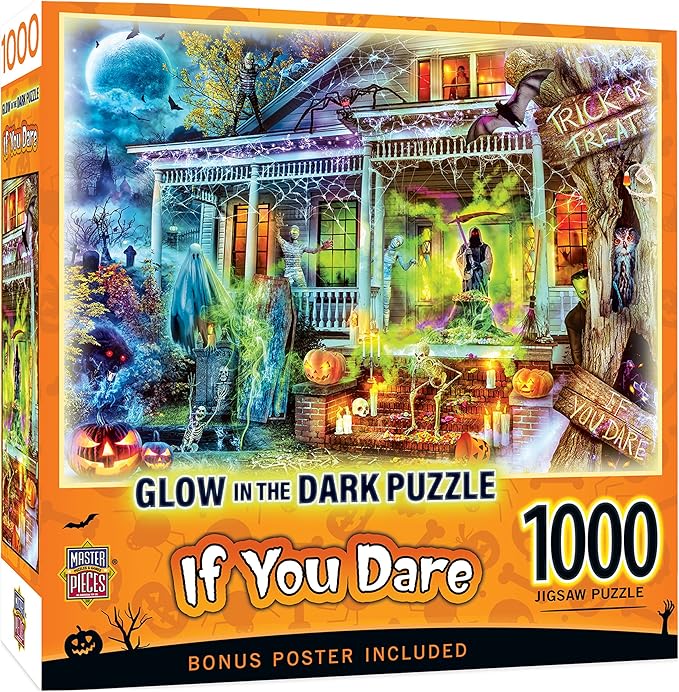 MasterPieces Halloween Glow in The Dark Jigsaw Puzzle – 1000 Piece Haunted House Trick-or-Treat Puzzle for Adults Teens & Families Spooky Holiday Game Large Puzzle Decor 19.25” x 26.75”
