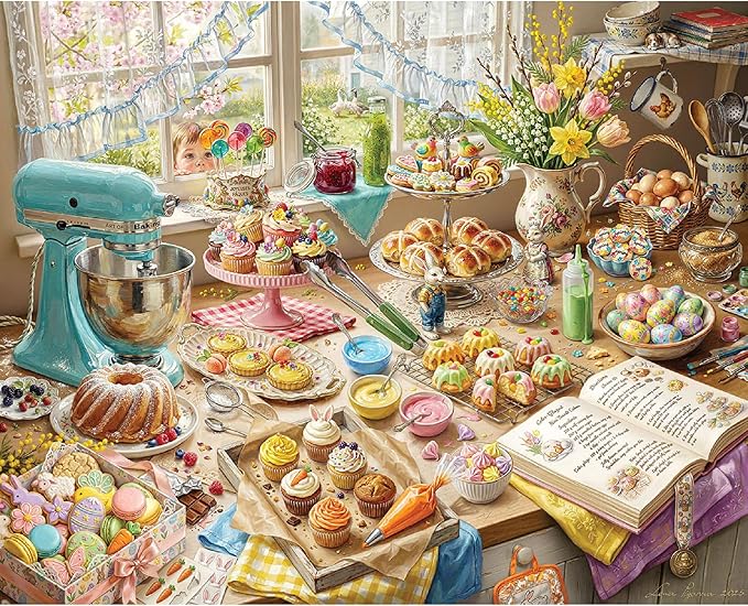 White Mountain 1000 Piece Jigsaw Puzzle Spring Kitchen Baking Scene Puzzle with Large Pieces Gift for Adults and Family 24" x 30" - Easter Baking