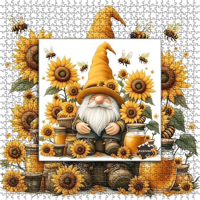 PICKFORU Sunflower Gnome Puzzle for Adults 1000 Pieces, Funny Garden Gnomes Honey Bee Jigsaw Puzzle, Floral Nature Themed Challenge for Adults Art