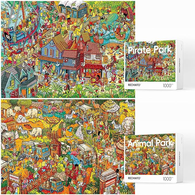 Jigsaw Puzzles for Adults, 2 Pack 1000 Pieces Pirate Park Animal Paradise Puzzle, Cartoon Painting Challenging Puzzles for Family Activity Game Nights Gifts Fidget Stress Relief