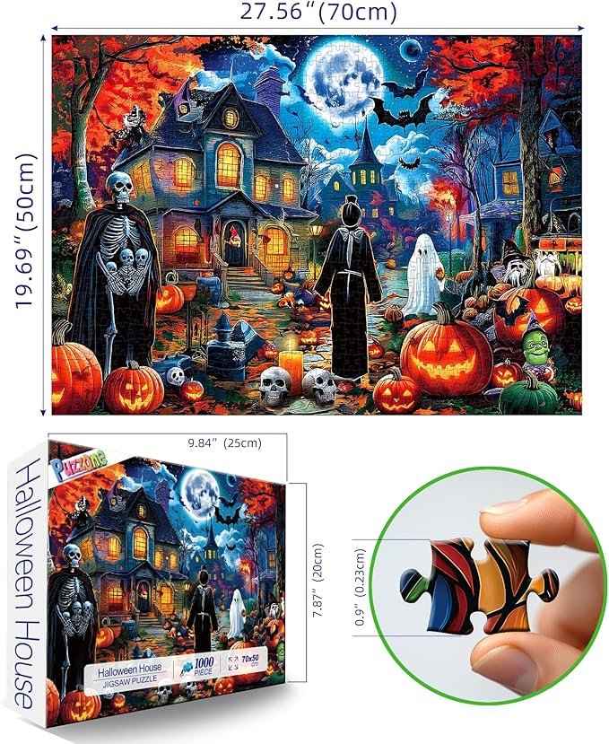 Halloween 1000 Pieces Puzzles for Adults, Halloween Night Horror House Spooky Skeletons and Ghosts Jigsaw Puzzle with Pumpkins for Holiday Party Game, Decor, Gifts (27.5" x 19.7")