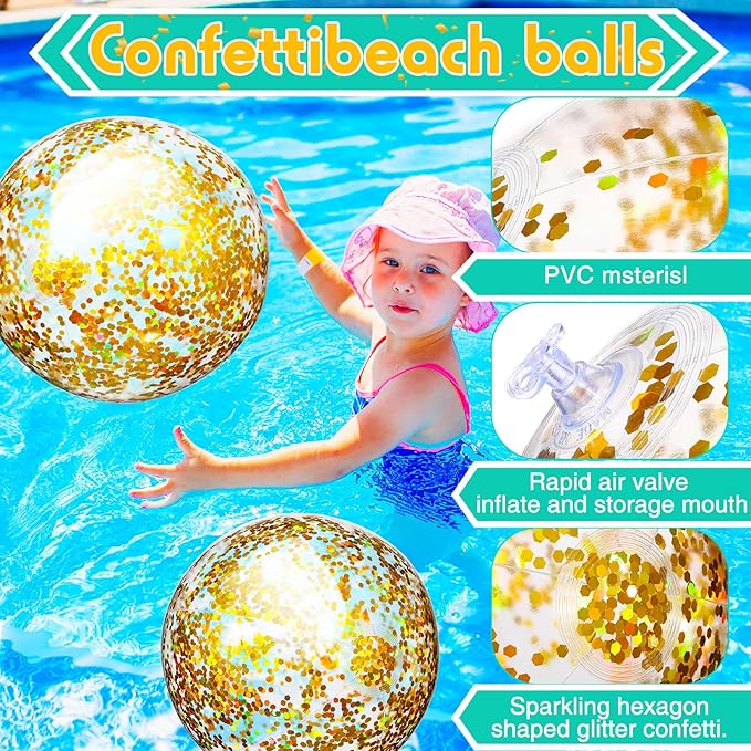 Lewtemi 12 Pcs Inflatable Glitter Beach Balls 16 Inch 24 Inch Shiny Giant Confetti Balls Swimming Pool Beach Blow up Balloon for Outdoor Summer Party Wedding Decor(Gold)