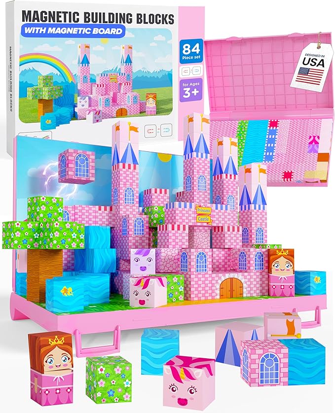 Magnetic Building Blocks for Kids with Magnetic Storage Board — Princess Castle Magnet Cubes Toy Building Set — Gift-Ready 84-Piece Pixy Stacking STEM Building Toys for Boys & Girls Ages 3 to 12