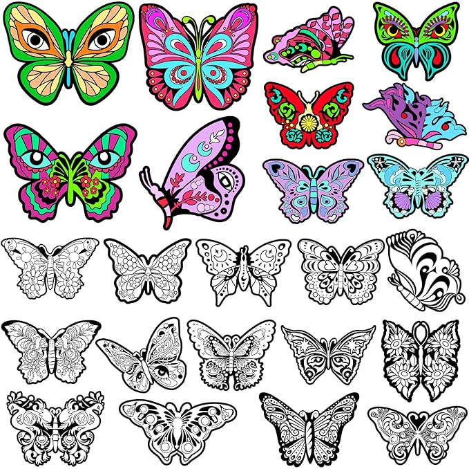 Motipuns 24 Pcs Butterflies Velvet Coloring Fuzzy Posters Color Your Own Velvet Butterflies DIY Posters for Crafts and Arts Family Craft Project Spring Party Accessories and Activities(Classic Style)