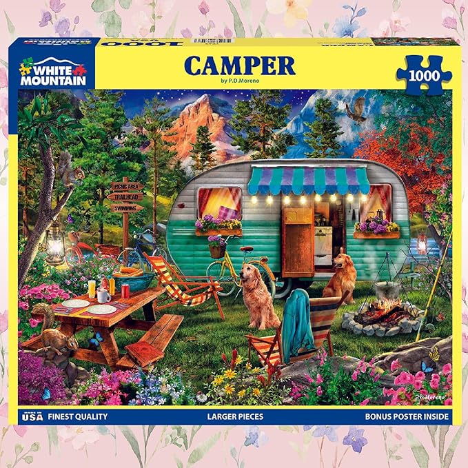 White Mountain 1000 Piece Jigsaw Puzzle Scenic Summer Camping Puzzles with Large Pieces for Adults and Family 24"x30" - Camper