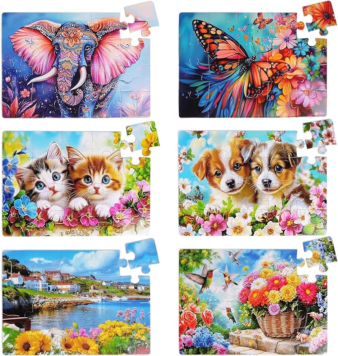 6 Packs 20 Large Piece Puzzles for Seniors with Dementia│Alzheimer’s Puzzles Memory Cognitive Games Easy Jigsaw Puzzles for Elderly Seniors with 6 Storage Bags(Animal)