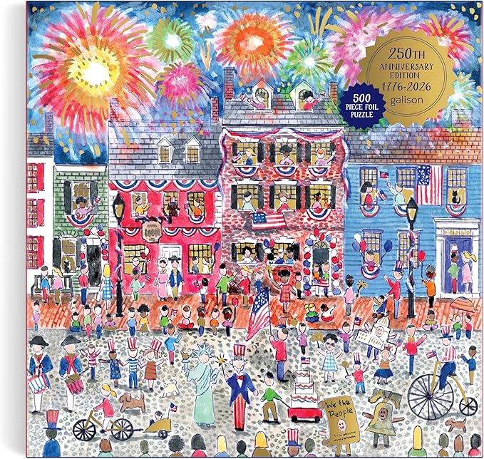 Galison Celebrate The USA – 500 Piece Michael Storrings Foil Jigsaw Puzzle Featuring Beautiful Artwork of The USA 250th Birthday Fourth of July Fireworks Celebration