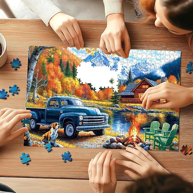 500 Pieces Jigsaw Puzzles for Adults, Mountain Wooden House with Vintage Truck, Campfire & Lake Landscape Puzzles for Party Game Family Decoration Gifts, Finished Size 23" x 15"