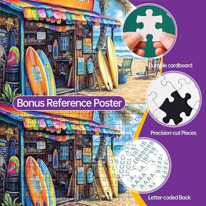 500 Piece Beach Surf Shop Jigsaw Puzzle for Adults, Summer Coastal Puzzle, Colorful Tropical Beachfront Puzzle, Home Decor Birthday Party Gift for Men Women Elders, 20.5 x 15 in