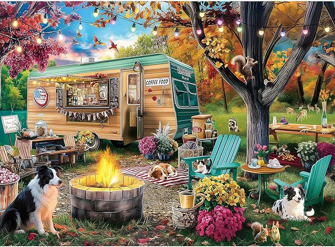 300 Piece Puzzles for Adults, 300 Piece Puzzles for Adults Large Piece, Autumn Camping Campfire Dogs Truck Jigsaw Puzzle, Challenging Puzzle Perfect for Game Nights, 20.5 X 15 in