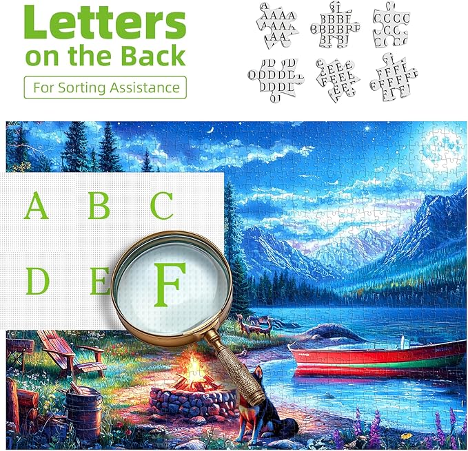 Moonlit Lake Cabin 500 Piece Jigsaw Puzzle for Adults & Seniors, Night Scenery Puzzle with Log Cabin, Lake, Mountains Adult Jigsaw Puzzles with Letters on Back Fun Family Puzzle Gift