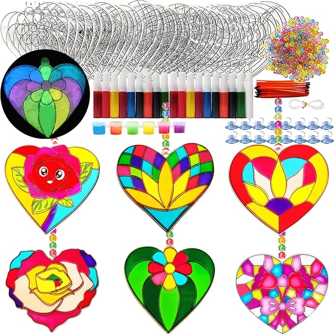 Ayhuhra 30 Sets Valentine's Day Suncatcher Craft Flowers Heart Suncatchers Glow in The Dark Valentines DIY Window Paint Art Suncatchers for Valentine Gift Exchange Mother's Day Art Craft Supplies