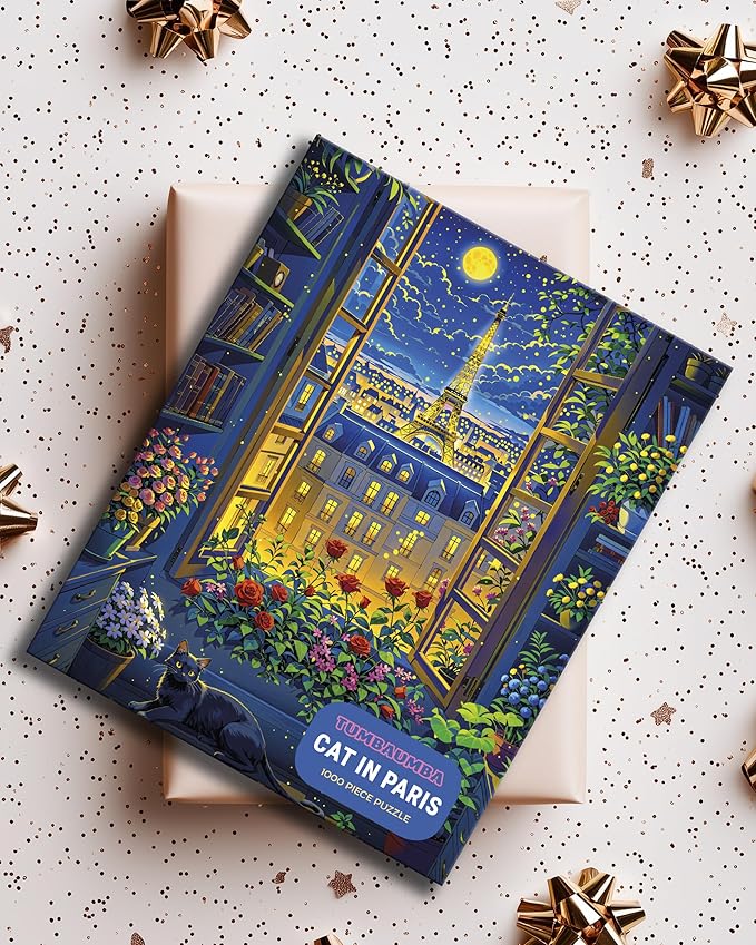 Cat in Paris. TUMBAUMBA, Puzzles for Adults 1000 Pieces, Detailed Art Puzzle, Mate Finish Jigsaw Puzzles, Poster Included, Challenging Atmospheric France Puzzles, Cozy Evening Paris Scene