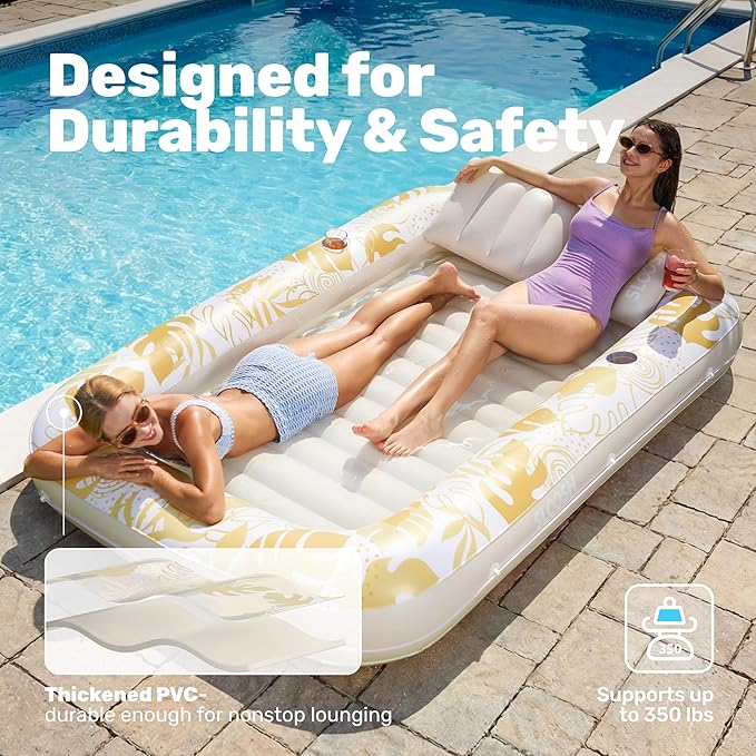 SLOOSH Inflatable Tanning Pool Lounger Float, 85" x 57" Extra Large Pool Floats Adult with Pillow, 4 in 1 Suntan Tub Raft Floatie,Sunbathing Bed Lounge for Water Blow Up Ball Pit, XL-Golden White