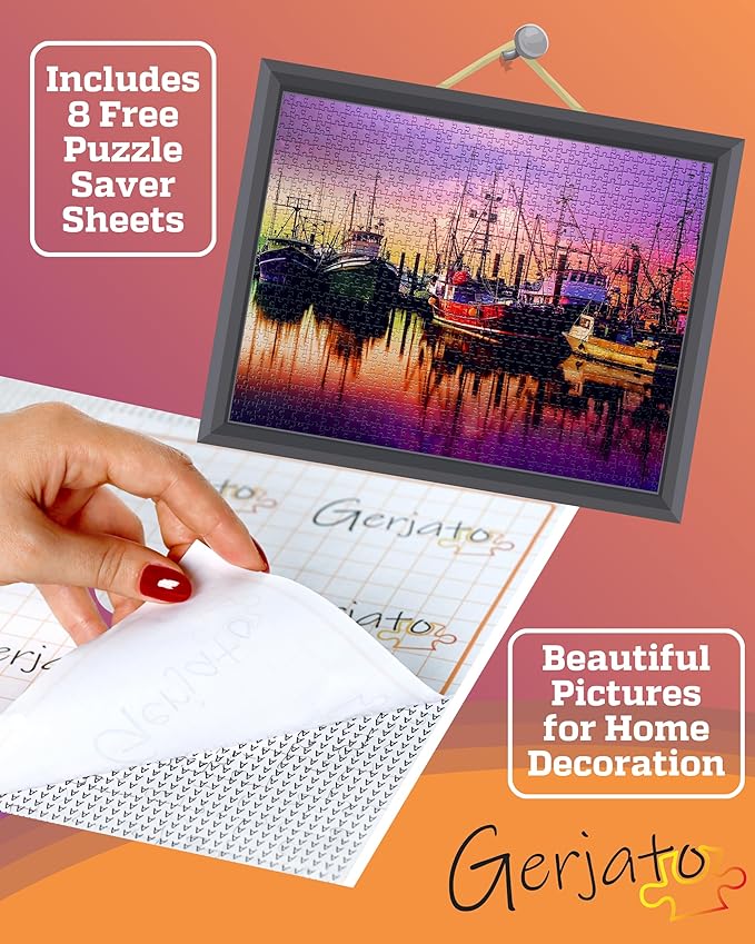 1000 Piece Puzzle for Adults - Scenic Harbor with Colorful Boats, Gift-Ready Box, Letters on Back, 8 Puzzle Saver Sheets & Full-Size Poster by GERJATO - Ideal Gift for Loved Ones