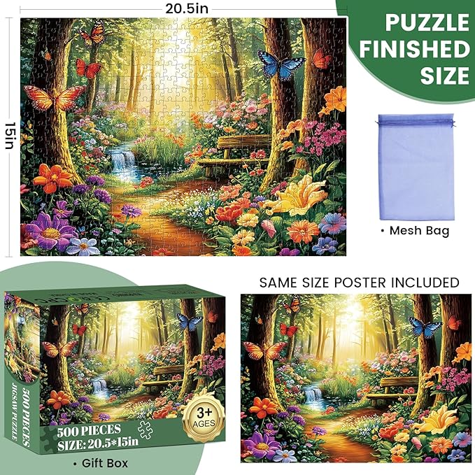500 Piece Jigsaw Puzzle for Adults, Forest Butterfly Jigsaw Puzzle 500 Piece Forest Jigsaw Puzzles for Adult Butterfly Puzzles for Adults - Challenging Family Activity Gift 20.5 x 15 Inch
