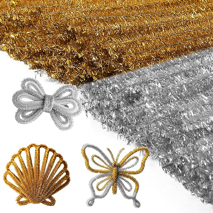 Caydo 200 Pieces Glitter Golden & Silver Pipe Cleaners, Thick Fluffy Chenille Stems, Pipe Cleaner Crafts for Arts & Crafts, Perfect for Making Animals, Flowers, and Easter Decorations