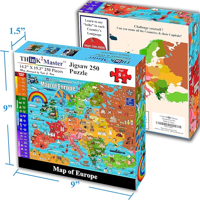 Think2Master Colorful Map of Europe 250 Pieces Jigsaw Puzzle. Great Puzzle for Adults & Seniors Easier to Handle Larger Pieces. Size: 14.2” X 19.3”