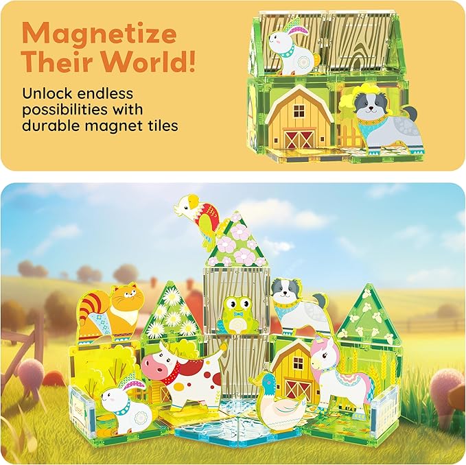 PicassoTiles Magnetic Tiles 8 Character Farm Animal Accessory Add on Set Compatible with Picasso Magnet Tile Playsets Pretend Play Preschool Toy STEM Educational Toys for Learning Kids Ages 3+ PTA27