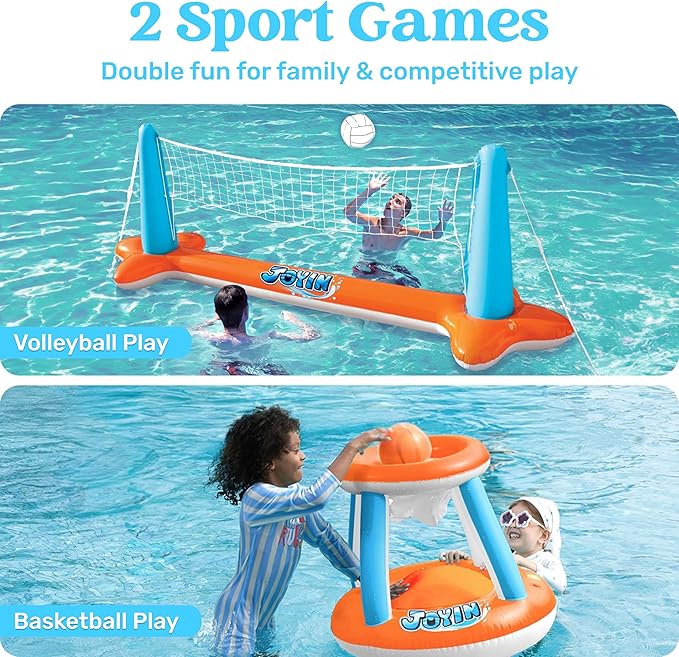 JOYIN XL Inflatable Pool Float Set, 125'' Volleyball Net & Basketball Hoops, Extra Large Floating Swimming Game Toy for Kids and Adults, Summer Floaties, Volleyball Court|Basketball, XL-Orange