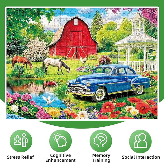 Puzzles for Adults 500 Pieces,Farm Horse Puzzle for Adult,Flowers Rooster Barn Truck Themed Jigsaw Puzzle,Country Life Puzzle for Seniors,Puzzles for Family Game Nights, 20.5x15 in