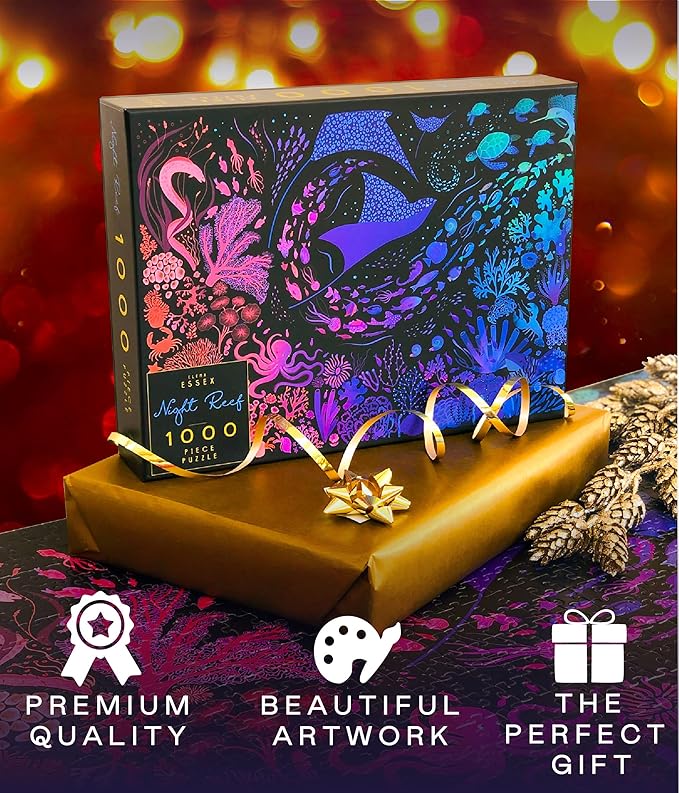 Elena Essex Puzzles for Adults 1000 Pieces - Night Reef | 1000 Piece Puzzle for Adults | Jigsaw Puzzles 1000 Pieces | Coral Reef Ocean Shark | Size 28x20 inches