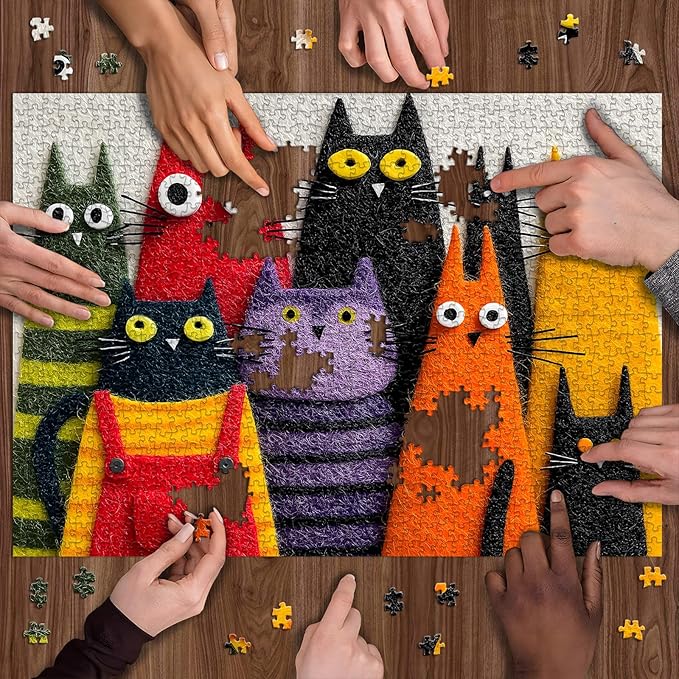 Funny Cats Jigsaw Puzzle 1000 Pieces for Adults,Colorful Kittens Felt Style Art Puzzles,Unique Whimsical Cat Puzzle Kitty Challenge