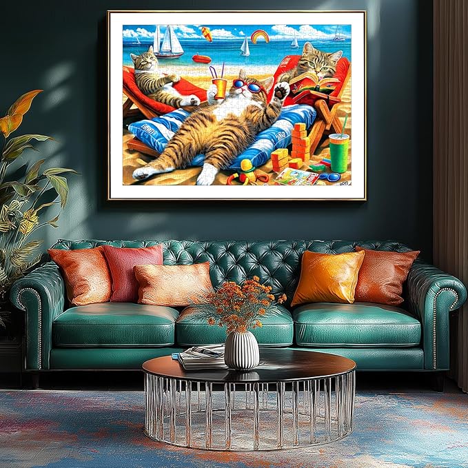 Vibrant Beach Jigsaw Puzzle for Adults 1000 Piece, Funny Cats Summer Vacation Scene, 27.56x19.69 Inches, Stress Relief & Home Decor, Entertaining Challenge