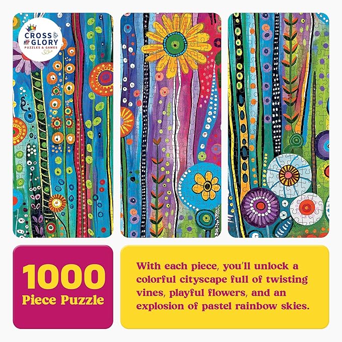 Cross & Glory - Daisy Streets and Rainbow Skies - 1000 Piece Jigsaw Puzzle for Adults | Abstract Cityscape Puzzle | 20x27 Inches | Flower Puzzles