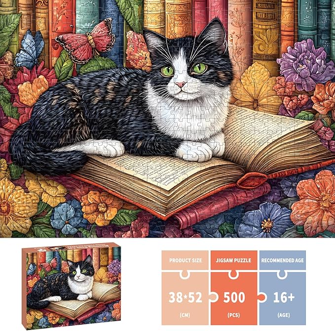 Puzzles for Adults 500 Pieces, Cat Jigsaw Puzzles - Blooming Book Cat, Impossible Book Art Puzzles for Seniors Family, 20.47x14.96 inches, 1:1 Poster, Letter on The Back