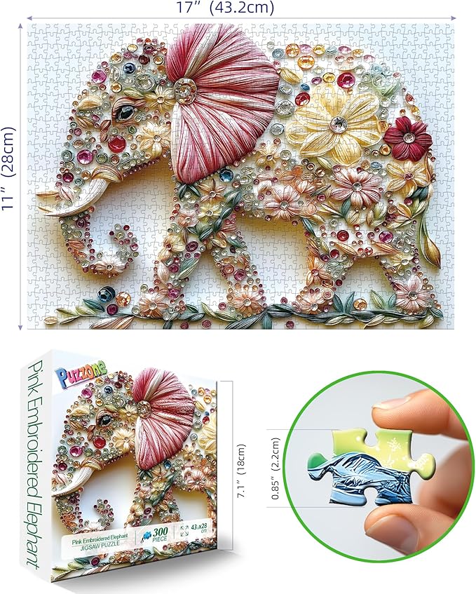 Elephant 300 Piece Puzzles for Adults Cute Animal Flower Crystal Embroidery Art Jigsaw Puzzles Pretty Colorful Floral Puzzles Unique Family Challenging Games Gift for Seniors Adults Puzzle (17"x11")