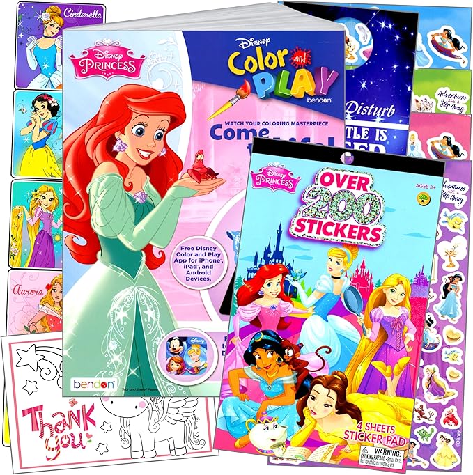 Bendon Disney Princess Coloring Book Stickers Set with Disney Princess Stickers, Reward Sticker Set, and More