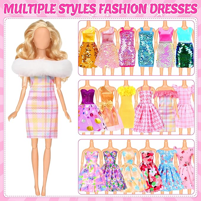 BYMORE 12 Set Doll Clothes Kit, Include Fashion Dresses, Floral Dresses, Sequins Dresses, Evening Party Dresses, Fairy Dresses with Wings, Tops and Pants in Gift Box for 11"-12" Dolls