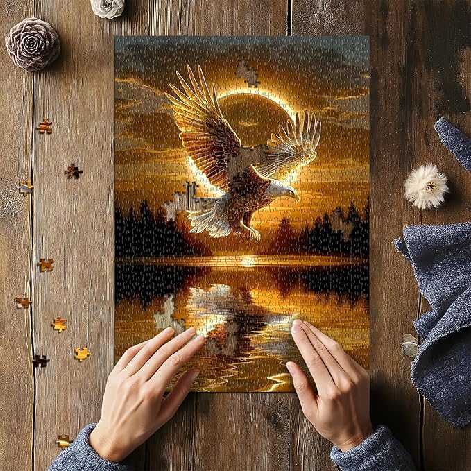 Solar Eagle Puzzles for Adults 1000 Pieces, Nature Forest Sunset Scenery Puzzles, Bald Eagle Bird Jigsaw Puzzles, Beautiful Animal Puzzles as Home Decor