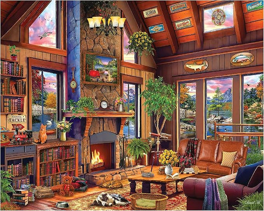 White Mountain 1000 Piece Jigsaw Puzzle Fall Scenic Lake Puzzles with Large Pieces Gift for Adults and Family 24"x30" - Wilderness Cabin