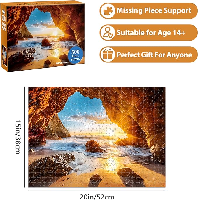 500 Pieces Puzzles for Adults Jigsaw Puzzle Beach Sea Cave Sunset Puzzle for Elderly, Recycled Paper Puzzle 500 Pieces, Art DIY Challenging Puzzle Family Game Gift for Friends, 20.5 x 15 in