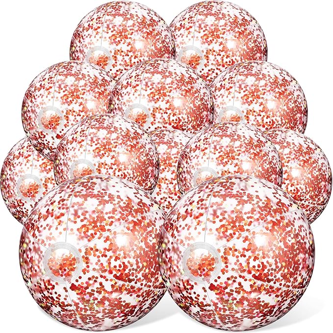 Lewtemi 12 Pcs Inflatable Glitter Beach Balls 16 Inch 24 Inch Shiny Giant Confetti Balls Swimming Pool Beach Blow up Balloon for Outdoor Summer Party Wedding Decor(Rose Gold)